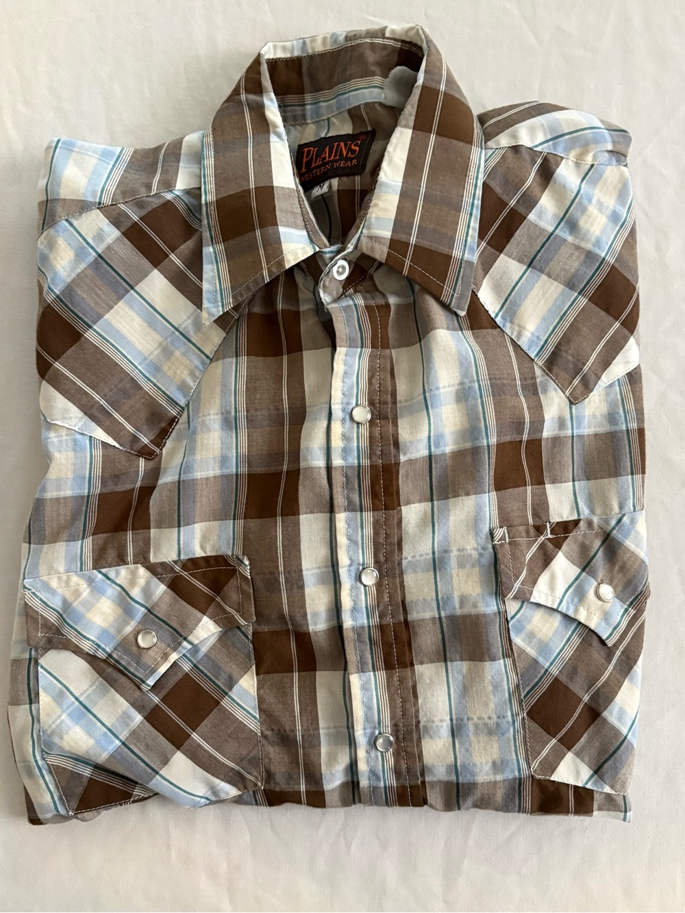 Plains Western Wear brown &  light blue plaid pearl-snap  western shirt Sz M